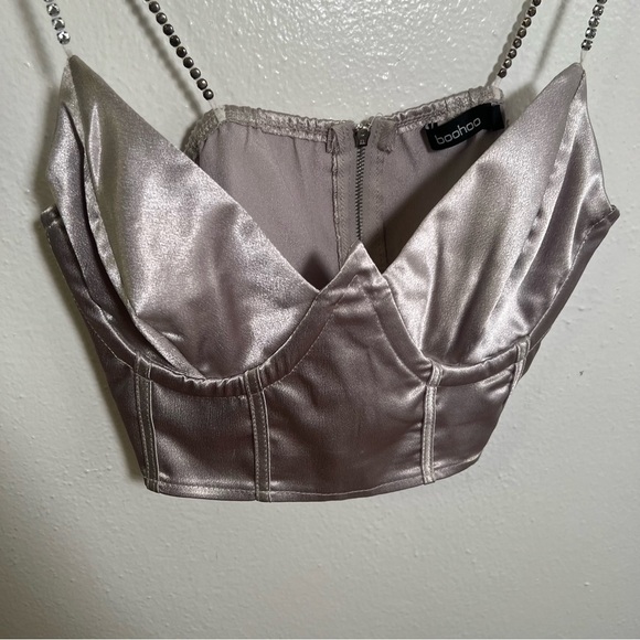 Boohoo Satin Diamante Strap Corset Top Silver 6 - Picture 5 of 8